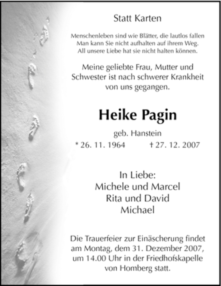  Traueranzeige für Heike Pagin vom 29.12.2007 aus HNA