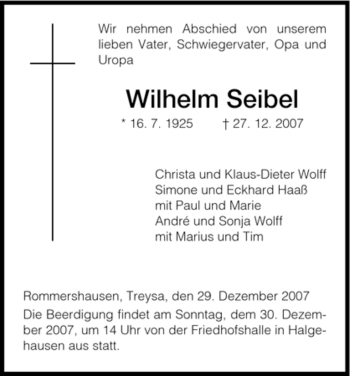 Traueranzeige von Wilhelm Seibel von HNA