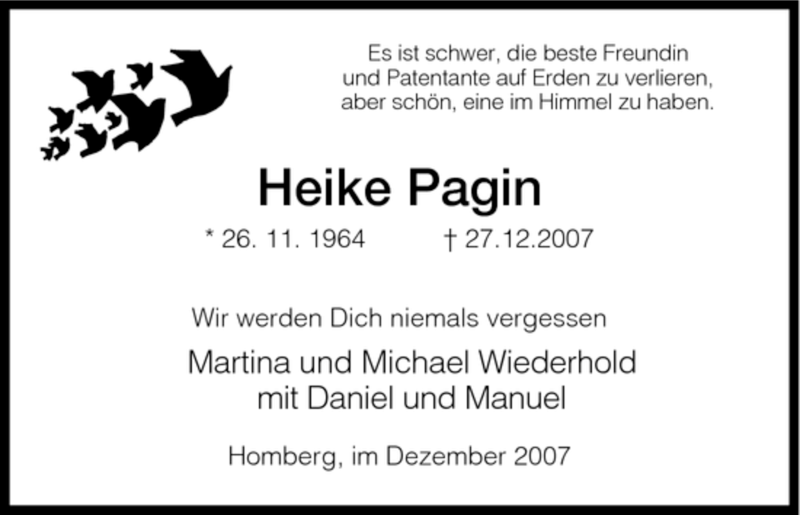  Traueranzeige für Heike Pagin vom 29.12.2007 aus HNA