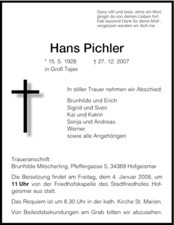 Traueranzeige von Hans Pichler von HNA