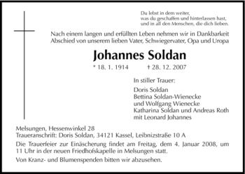 Traueranzeige von Johannes Soldan von HNA