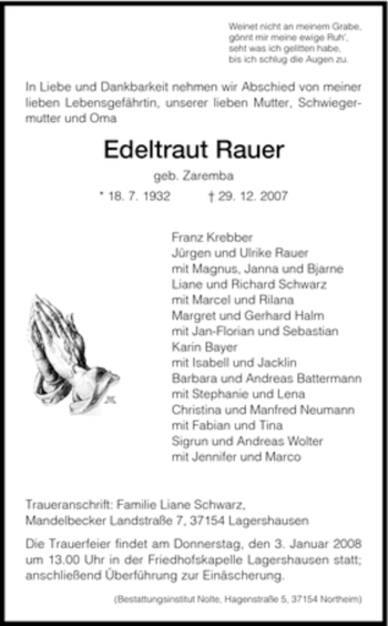 Traueranzeige von Edeltraut Rauer von HNA