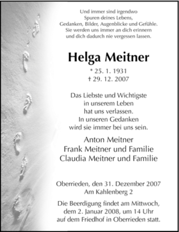 Traueranzeige von Helga Meitner von HNA