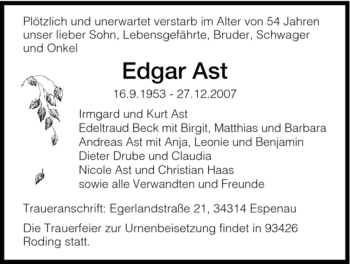 Traueranzeige von Edgar Ast von HNA