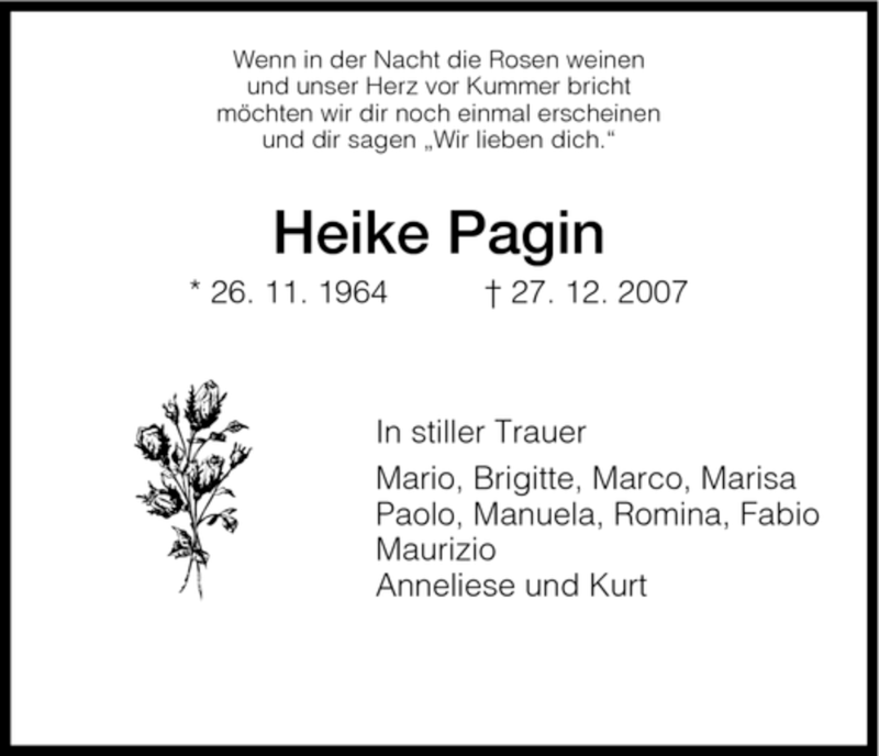  Traueranzeige für Heike Pagin vom 31.12.2007 aus HNA