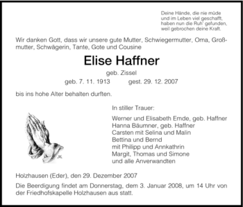 Traueranzeige von Elise Haffner von HNA