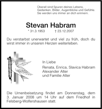 Traueranzeige von Stevan Habram von HNA