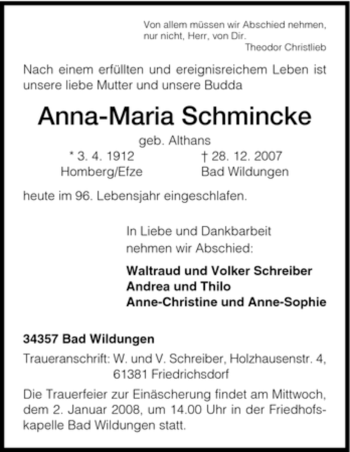 Traueranzeige von Anna-Maria Schmincke von HNA