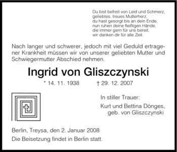 Traueranzeige von Ingrid von Gliszczynski von HNA