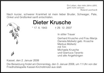 Traueranzeige von Dieter Krusche von HNA