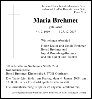 Traueranzeige von Maria Brehmer von HNA