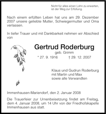 Traueranzeige von Gertrud Roderburg von HNA