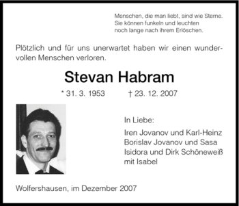 Traueranzeige von Stevan Habram von HNA