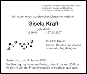 Traueranzeige von Gisela Kraft von HNA