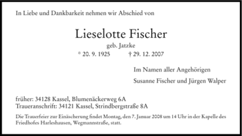 Traueranzeige von Lieselotte Fischer von HNA