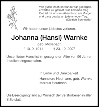 Traueranzeige von Johanna Warnke von HNA