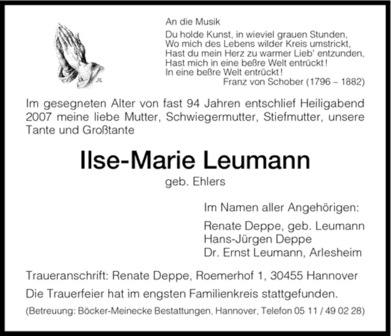  Traueranzeige für Ilse-Marie Leumann vom 05.01.2008 aus HNA