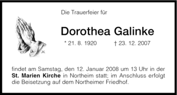 Traueranzeige von Dorothea Galinke von HNA