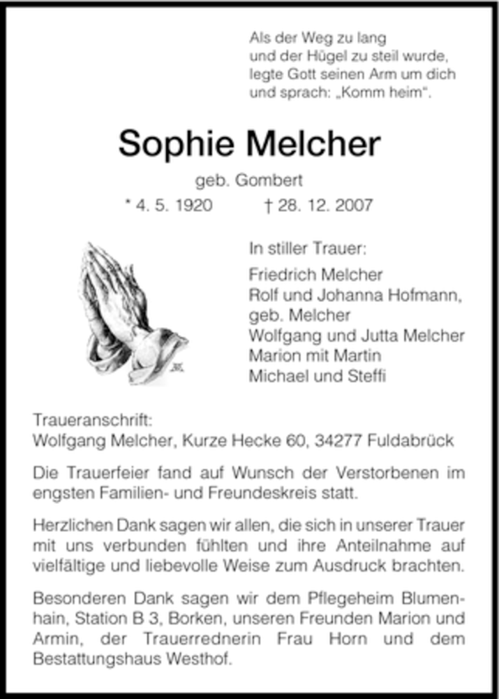  Traueranzeige für Sophie Melcher vom 05.01.2008 aus HNA