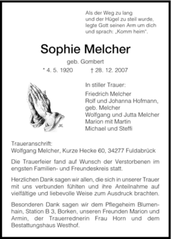 Traueranzeige von Sophie Melcher von HNA