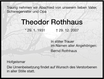 Traueranzeige von Theodor Rothhaus von HNA