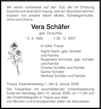 Traueranzeige von Vera Schäfer von HNA