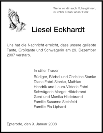 Traueranzeige von Liesel Eckhardt von HNA