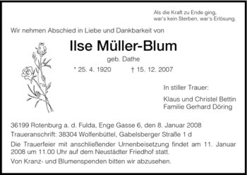 Traueranzeige von Ilse Müller-Blum von HNA