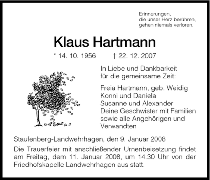  Traueranzeige für Klaus Hartmann vom 09.01.2008 aus HNA
