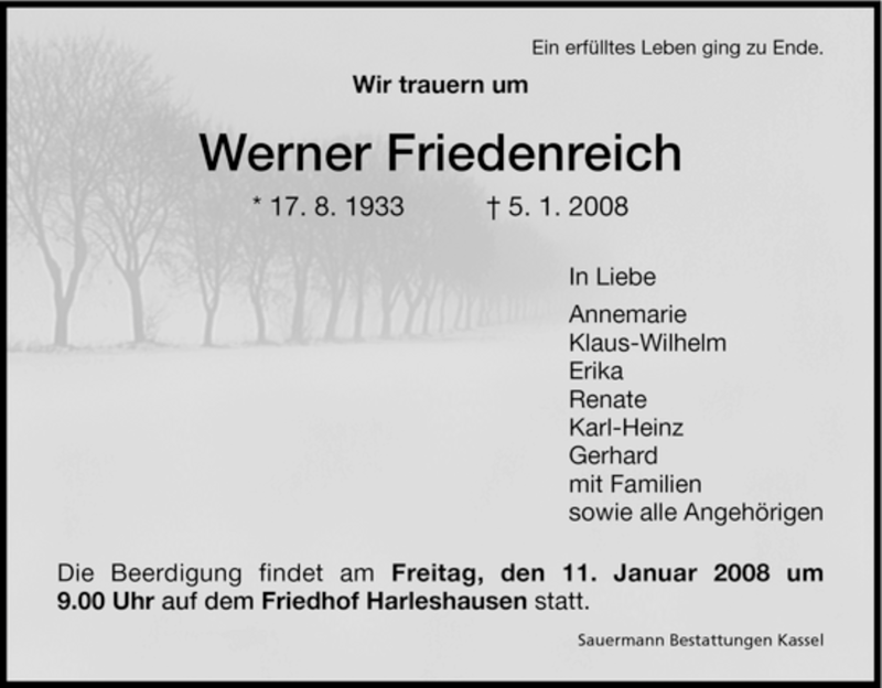  Traueranzeige für Werner Friedenreich vom 09.01.2008 aus HNA