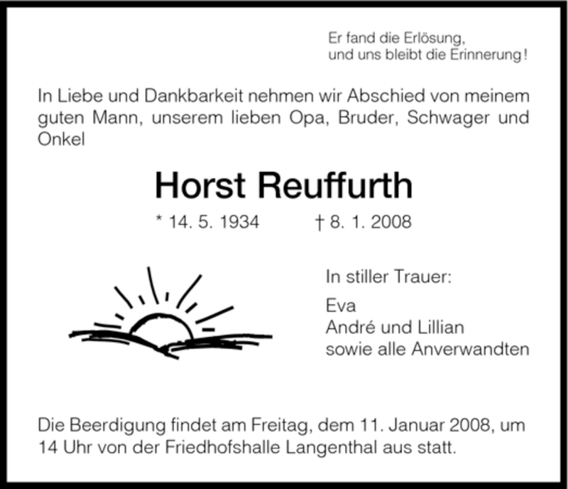  Traueranzeige für Horst Reuffurth vom 10.01.2008 aus HNA