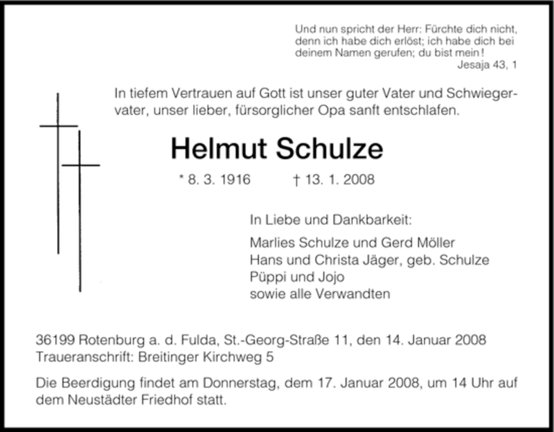  Traueranzeige für Helmut Schulze vom 15.01.2008 aus HNA