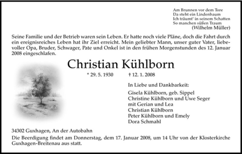  Traueranzeige für Christian Kühlborn vom 15.01.2008 aus HNA