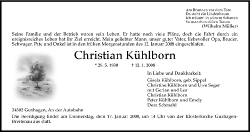  Traueranzeige für Christian Kühlborn vom 15.01.2008 aus HNA