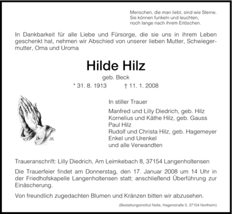  Traueranzeige für Hilde Hilz vom 15.01.2008 aus HNA