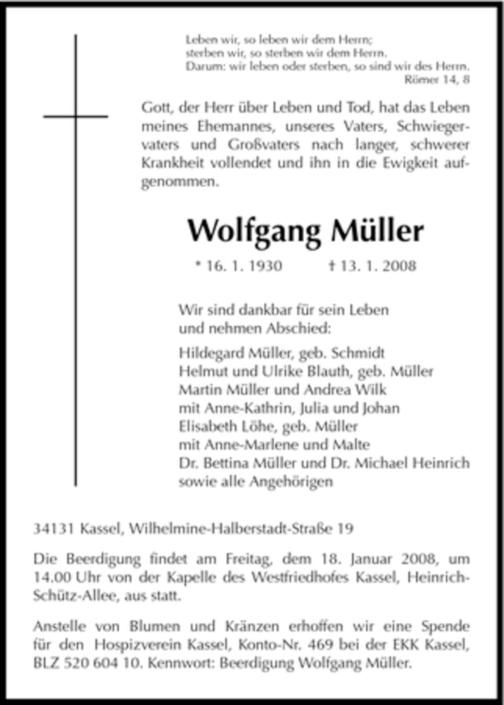  Traueranzeige für Wolfgang Müller vom 15.01.2008 aus HNA