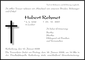 Traueranzeige von Hubert Rehmet von HNA