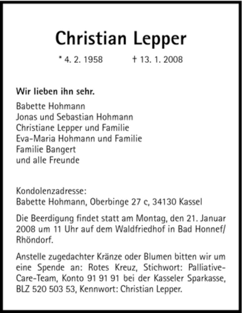  Traueranzeige für Christian Lepper vom 16.01.2008 aus HNA
