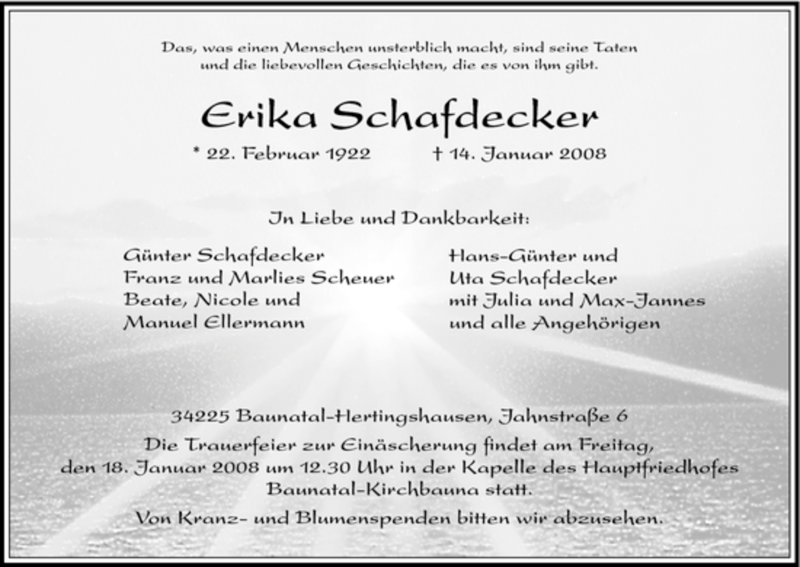  Traueranzeige für Erika Schafdecker vom 16.01.2008 aus HNA