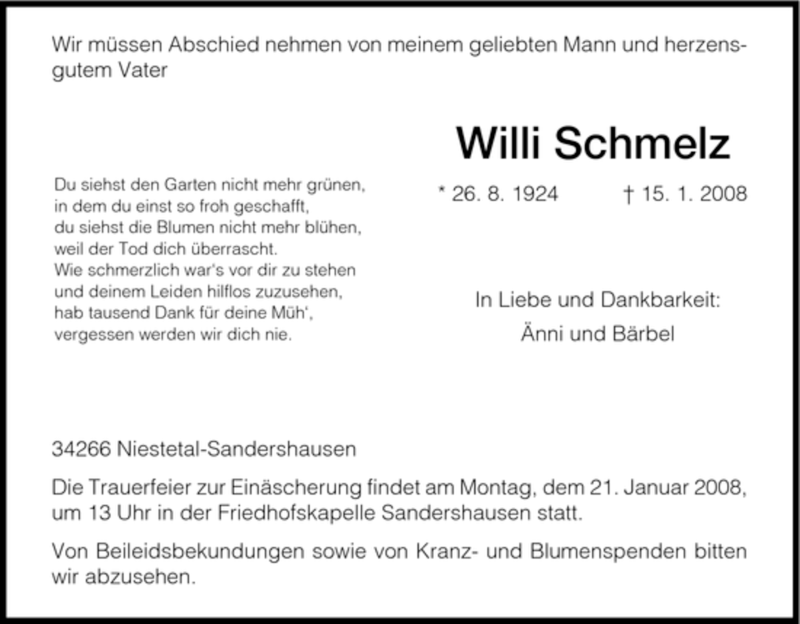  Traueranzeige für Willi Schmelz vom 18.01.2008 aus HNA