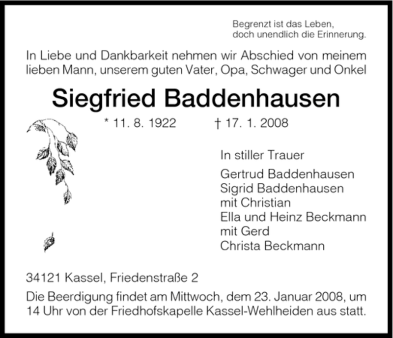  Traueranzeige für Siegfried Baddenhausen vom 21.01.2008 aus HNA