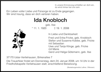 Traueranzeige von Ida Knobloch von HNA