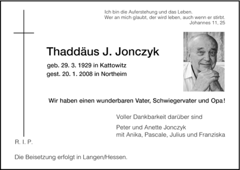  Traueranzeige für Thaddäus J. Jonczyk vom 22.01.2008 aus HNA