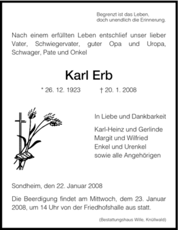 Traueranzeige von Karl Erb von HNA