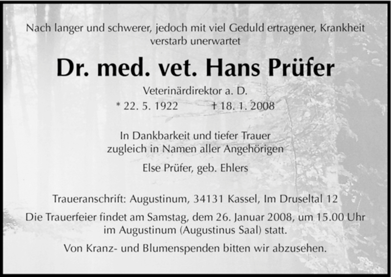  Traueranzeige für Hans Prüfer vom 22.01.2008 aus HNA