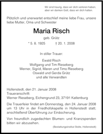 Traueranzeige von Maria Risch von HNA