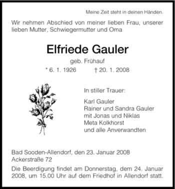 Traueranzeige von Elfriede Gauler von HNA