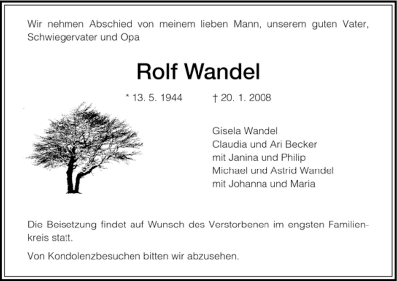  Traueranzeige für Rolf Wandel vom 26.01.2008 aus HNA