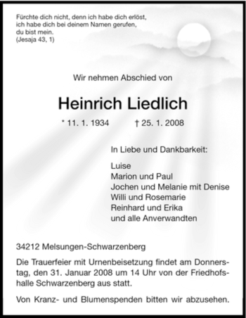 Traueranzeige von Heinrich Liedlich von HNA