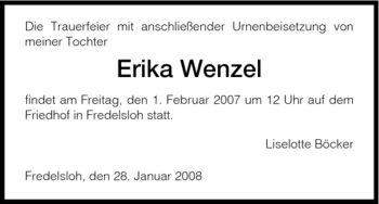 Traueranzeige von Erika Wenzel von HNA